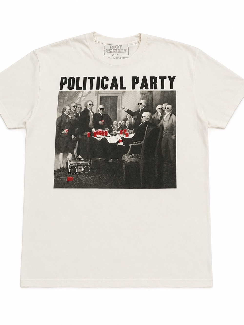 MENS LARGE RIOT SOCIETY “POLITICAL PARTY” TSHIRT WHITE FOUNDING FATHERS MEME